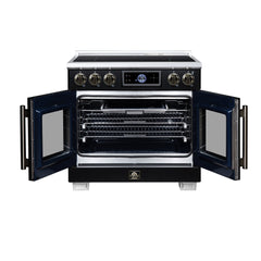Forno Maximus 36" Induction range, French Door, 5 Cooking Zones, 5.36 cf. Convection Oven, Air Sous Vide, Air Fry Basket - Black - Front Open - The Home Selection