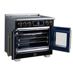 Forno Maximus 36" Induction range, French Door, 5 Cooking Zones, 5.36 cf. Convection Oven, Air Sous Vide, Air Fry Basket - Black - Left Angle Open - The Home Selection