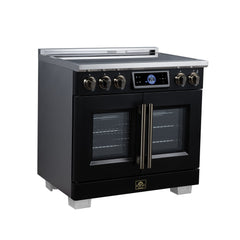 Forno Maximus 36" Induction range, French Door, 5 Cooking Zones, 5.36 cf. Convection Oven, Air Sous Vide, Air Fry Basket - Black - Left Angle - The Home Selection