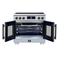 Forno Maximus 36" Induction range, French Door, 5 Cooking Zones, 5.36 cf. Convection Oven, Air Sous Vide, Air Fry Basket - White - Front Open - The Home Selection