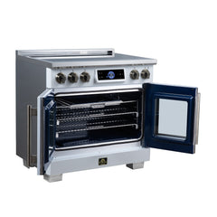 Forno Maximus 36" Induction range, French Door, 5 Cooking Zones, 5.36 cf. Convection Oven, Air Sous Vide, Air Fry Basket - White - Left Angle Open - The Home Selection