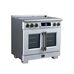 Forno Maximus 36" Induction range, French Door, 5 Cooking Zones, 5.36 cf. Convection Oven, Air Sous Vide, Air Fry Basket - White - Left Angle - The Home Selection