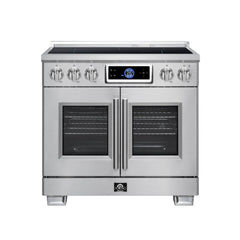 Forno Maximus 36" Induction range, French Door, 5 Cooking Zones, 5.36 cf. Convection Oven, Air Sous Vide, Air Fry Basket - Stainless Steel - Front - The Home Selection