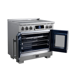 Forno Maximus 36" Induction range, French Door, 5 Cooking Zones, 5.36 cf. Convection Oven, Air Sous Vide, Air Fry Basket - Stainless Steel - Left Angle Open - The Home Selection