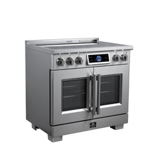 Forno Maximus 36" Induction range, French Door, 5 Cooking Zones, 5.36 cf. Convection Oven, Air Sous Vide, Air Fry Basket - Stainless Steel - Left Angle - The Home Selection