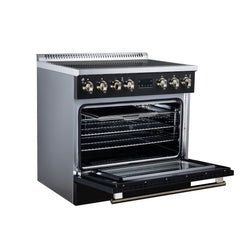 Forno Torino 36" Induction Range, 10,900W Cooktop, 5.36 cf. True Convection Oven, Air Fry, Air Sous Vide, Smudge Resistant - Black - Left Angle Open - The Home Selection