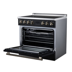 Forno Torino 36" Induction Range, 10,900W Cooktop, 5.36 cf. True Convection Oven, Air Fry, Air Sous Vide, Smudge Resistant - Black - Right Angle Open - The Home Selection