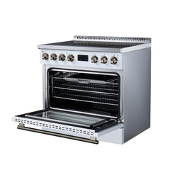 Forno Torino 36" Induction Range, 10,900W Cooktop, 5.36 cf. True Convection Oven, Air Fry, Air Sous Vide, Smudge Resistant - White - Right Angle Open - The Home Selection