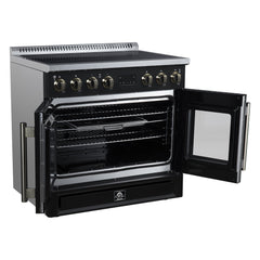 Forno Torino French Door 36" Induction Range with Air Fryer, Air Sous Vide & True Convection, Dual Broiler - Black - Left Angle Opened - The Home Selection