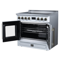Forno Torino French Door 36" Induction Range with Air Fryer, Air Sous Vide & True Convection, Dual Broiler - White - Right Angle Opened - The Home Selection