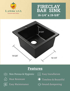 LaToscana Bar Sink Fireclay Drop-In – 16 x 20 x 8.5 – Single Hole - PO0201710 - The Home Selection