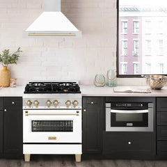 ZLINE Autograph Edition 30 in. Convertible Stainless Steel Range Hood with White Matte Shell and Polished Gold Accents - KB4STZ-WM30-G - The Home Selection