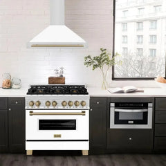 ZLINE Autograph Edition 36 in. Convertible Stainless Steel Range Hood with White Matte Shell and Champagne Bronze Accents - KB4STZ-WM36-CB - The Home Selection