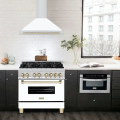 ZLINE Autograph Edition 36 in. Convertible Stainless Steel Range Hood with White Matte Shell and Polished Gold Accents - KB4STZ-WM36-G - The Home Selection
