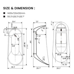 Vanity Art 55" x 28" Freestanding Acrylic Soaking Tub - B531