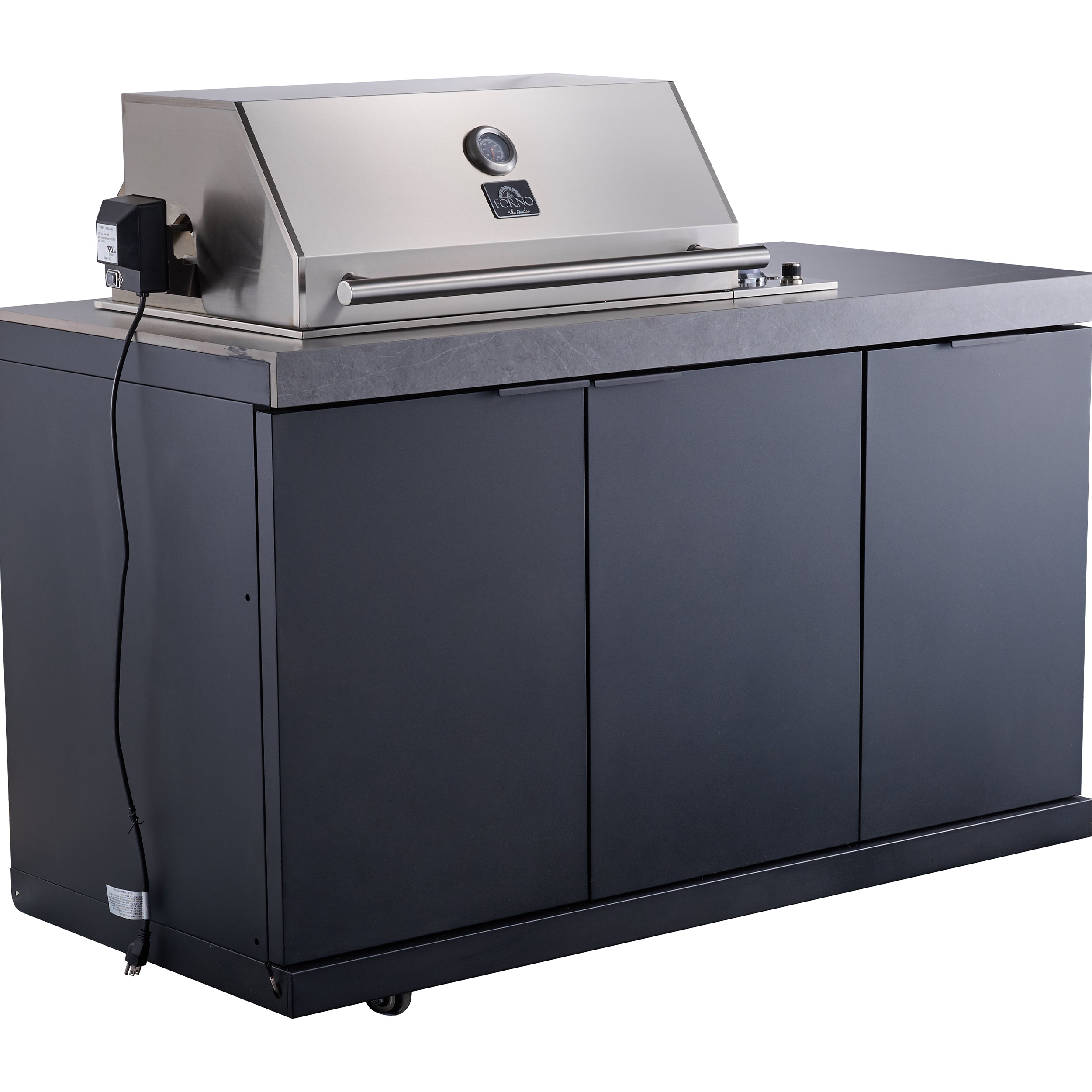 Forno Rimini Outdoor Kitchen 30" BBQ 62,600 BTU, 3 Burners with Sear & Rotisserie, 2.4 cu.ft. Beverage Center, Stainless Steel Sink, Black Cabinets & Gray Sintered Stone Countertop - FODKT2544BLK