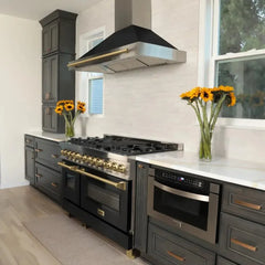 ZLINE Autograph Edition 48 in. Convertible Stainless Steel Range Hood with Black Matte Shell and Polished Gold Handle - KB4STZ-BLM48-G - The Home Selection