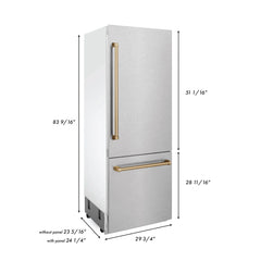 ZLINE 30-Inch Autograph Edition 16.1 cu. ft. Built-in 2-Door Bottom Freezer Refrigerator with Internal Water and Ice Dispenser in Fingerprint Resistant Stainless Steel with Champagne Bronze Accents (RBIVZ-SN-30-CB)