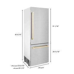 ZLINE 30-Inch Autograph Edition 16.1 cu. ft. Built-in 2-Door Bottom Freezer Refrigerator with Internal Water and Ice Dispenser in Fingerprint Resistant Stainless Steel with Gold Accents (RBIVZ-SN-30-G)