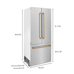 ZLINE 36-Inch Autograph Edition 19.6 cu. ft. Built-in 2-Door Bottom Freezer Refrigerator with Internal Water and Ice Dispenser in DuraSnow Stainless Steel with Champagne Bronze Accents (RBIVZ-SN-36-CB)