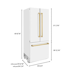ZLINE 36-Inch Autograph Edition 19.6 cu. ft. Built-in 2-Door Bottom Freezer Refrigerator with Internal Water and Ice Dispenser in White Matte with Gold Accents (RBIVZ-WM-36-G)