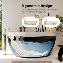Altair Giselle 65" x 34" Freestanding Solid Surface Soaking Bathtub in Matte Black with Drain and Integrated Overflow