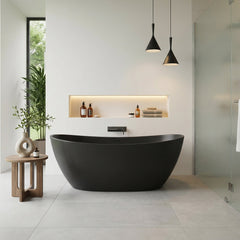 Altair Giselle 65" x 34" Freestanding Solid Surface Soaking Bathtub in Matte Black with Drain and Integrated Overflow
