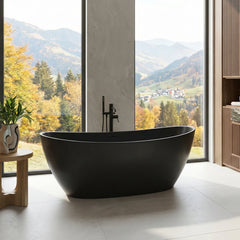 Altair Giselle 65" x 34" Freestanding Solid Surface Soaking Bathtub in Matte Black with Drain and Integrated Overflow