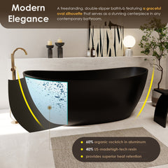 Altair Giselle 65" x 34" Freestanding Solid Surface Soaking Bathtub in Matte Black with Drain and Integrated Overflow