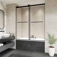 Altair Belizzi 60" W x 58" H By Pass Frameless Exposed Roller Tub Door in Matte Black with Clear Glass