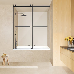 Altair Belizzi 60" W x 58" H By Pass Frameless Exposed Roller Tub Door in Matte Black with Clear Glass