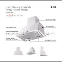 ILVE 36" Majestic Wall Mount Range Hood with 850 CFM Blower Anti-grease Filter 2 Warming Lights Filter Light Indicator Auto-off Function and 4 Fan Speeds - UAM90
