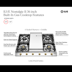 ILVE Nostalgie II 36" Built-In Gas Cooktop with 4 Burners & Griddle – Stainless Steel