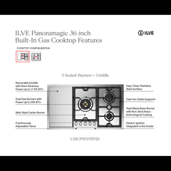 ILVE Panoramagic 36 inch Built-In Cooktop with 5 Burners, in Stainless Steel - UHCPMT95