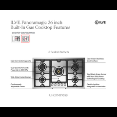 ILVE Panoramagic 36 inch Built-In Cooktop with 5 Burners, in Stainless Steel - UHCPMT95