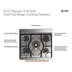 ILVE 30" Majestic II Series Gas Burner and Electric Oven Range with 5 Sealed Burners - UM30DNE3