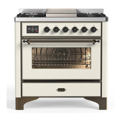 ILVE Majestic III Series 36 Inch Dual Fuel Range with 6 Sealed Burners, Griddle, Triple Glass Door — Antique White, Burnished trim, Liquid Propane