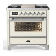 ILVE Majestic III Series 36 Inch Dual Fuel Range with 6 Sealed Burners, Griddle, Triple Glass Door — Antique White, Chrome trim, Natural Gas