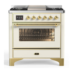 ILVE Majestic III Series 36 Inch Dual Fuel Range with 6 Sealed Burners, Griddle, Triple Glass Door — Antique White, Brass trim, Natural Gas