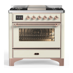 ILVE Majestic III Series 36 Inch Dual Fuel Range with 6 Sealed Burners, Griddle, Triple Glass Door — Antique White, Copper trim, Liquid Propane