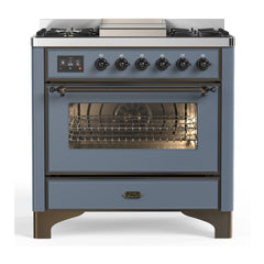ILVE Majestic III Series 36 Inch Dual Fuel Range with 6 Sealed Burners, Griddle, Triple Glass Door — Blue Grey, Burnished trim, Liquid Propane