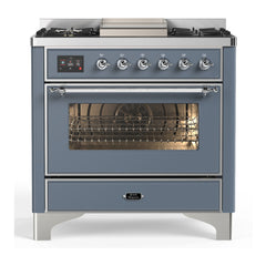 ILVE Majestic III Series 36 Inch Dual Fuel Range with 6 Sealed Burners, Griddle, Triple Glass Door — Blue Grey, Chrome trim, Natural Gas