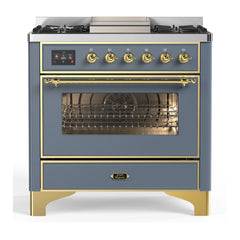 ILVE Majestic III Series 36 Inch Dual Fuel Range with 6 Sealed Burners, Griddle, Triple Glass Door — Blue Grey, Brass trim, Liquid Propane