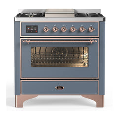 ILVE Majestic III Series 36 Inch Dual Fuel Range with 6 Sealed Burners, Griddle, Triple Glass Door — Blue Grey, Copper trim, Liquid Propane