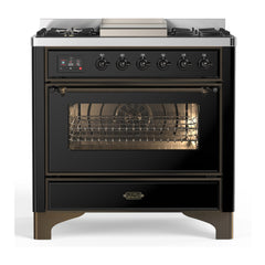 ILVE Majestic III Series 36 Inch Dual Fuel Range with 6 Sealed Burners, Griddle, Triple Glass Door — Glossy Black, Burnished trim, Natural Gas