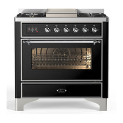 ILVE Majestic III Series 36 Inch Dual Fuel Range with 6 Sealed Burners, Griddle, Triple Glass Door — Glossy Black, Chrome trim, Natural Gas