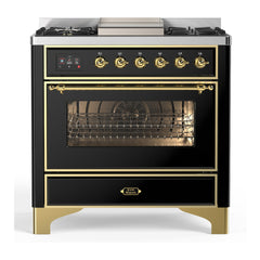 ILVE Majestic III Series 36 Inch Dual Fuel Range with 6 Sealed Burners, Griddle, Triple Glass Door — Glossy Black, Brass trim, Natural Gas