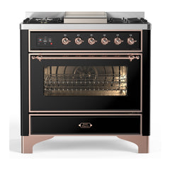 ILVE Majestic III Series 36 Inch Dual Fuel Range with 6 Sealed Burners, Griddle, Triple Glass Door — Glossy Black, Copper trim, Liquid Propane