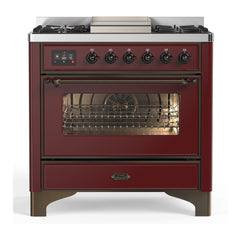 ILVE Majestic III Series 36 Inch Dual Fuel Range with 6 Sealed Burners, Griddle, Triple Glass Door — Burgundy, Burnished trim, Liquid Propane
