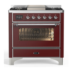 ILVE Majestic III Series 36 Inch Dual Fuel Range with 6 Sealed Burners, Griddle, Triple Glass Door — Burgundy, Chrome trim, Liquid Propane